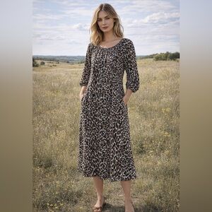 The Great. Leopard Prairie Midi Dress XS | Button Front, 3/4 Sleeve Pockets
